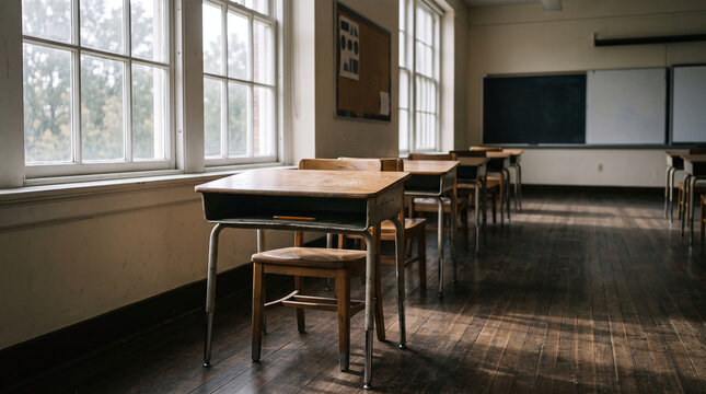Empty school desk by window in quiet classroom