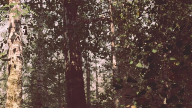 Light filters through the leaves in a forest with tall trees and lush greenery. The scene shows many tree trunks surrounded by plants and foliage.