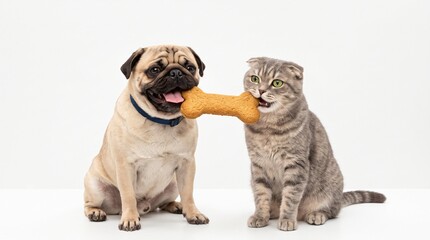 Obraz premium Cute Pug and Scottish Fold Cat Sharing Bone Biscuit
