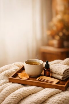 Cozy autumn morning with coffee, book and knitted blanket