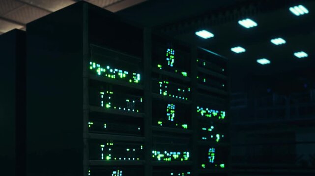 Rows of computer servers are visible in a data center. The lights on the servers show activity. It is nighttime, and the room is dimly lit.