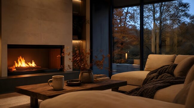 Cozy autumn living room with fireplace and warm evening light