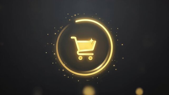 Glowing golden 3D shopping cart icon on dark abstract background with sparks