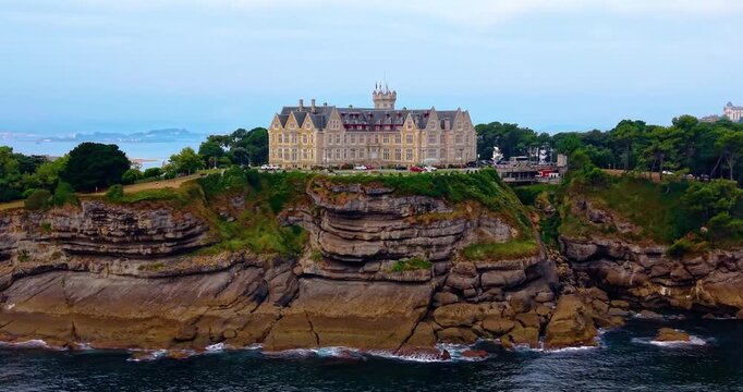 Aerial drone view of Magdalena Palace (Palacio de la Magdalena). High-quality aerial drone footage in Santander, Northern Spain.