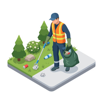Sanitation worker collects litter from a park lawn to keep public spaces clean.