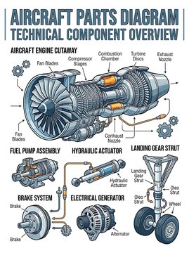 Aircraft parts diagram showing technical engine cutaway and components