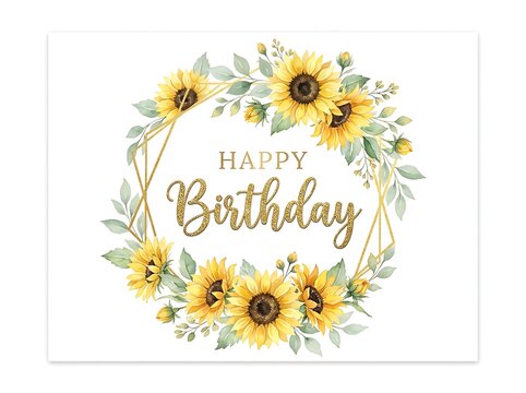 Watercolor sunflower wreath with gold geometric frame and glitter happy birthday text isolated on white background
