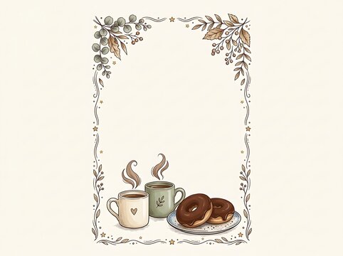 Cozy morning scene with two steaming mugs of coffee and a plate of chocolate donuts framed by elegant botanical illustrations