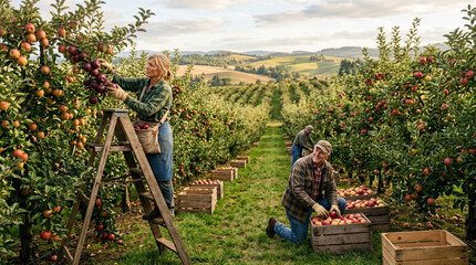 Fototapeta premium Apple harvest: People picking ripe fruit from trees in a rural orchard