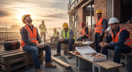 Fototapeta premium Construction workers having a lunch break on site.