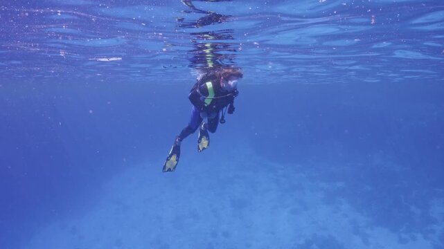 Scuba diver on surface looking down.