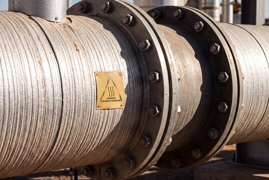 Industrial Pipe Flanges with Hazard Warning at Energy Facility