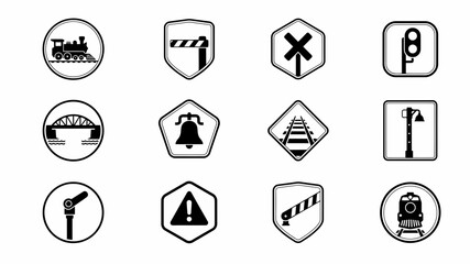 Fototapeta premium Twelve minimalist railway safety and infrastructure icons in bold black with high contrast black white format against neutral background signals infrastructure elements