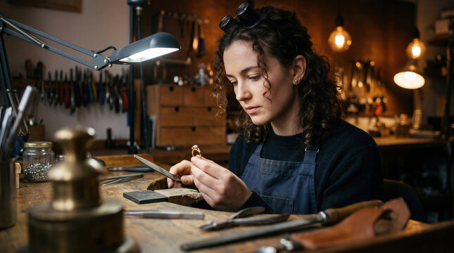 Female jeweler goldsmith artisan making handmade ring at workshop workbench atelier for jewelry craftsmanship.