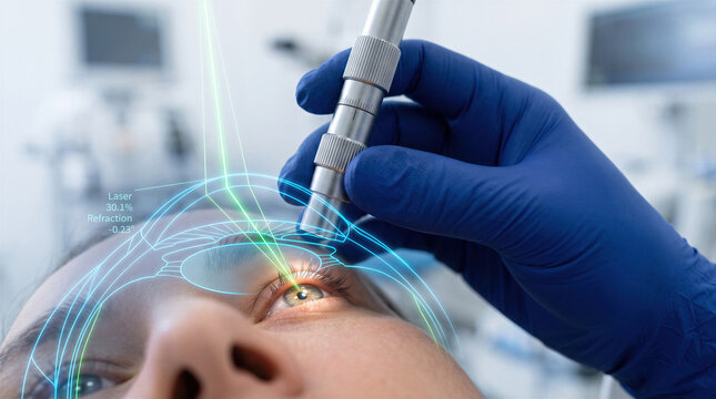 Laser eye surgery and lasik refractive vision correction by ophthalmologist with ophthalmology cornea optics.