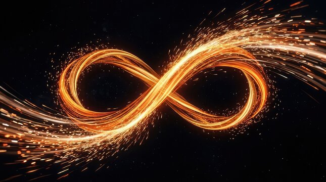 Glowing infinity symbol made of bright orange sparks against a dark black background for abstract concept