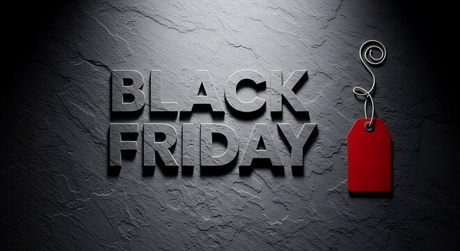A bold and dramatic black friday promotional graphic featuring dark textured stone lettering and a bright red hanging price tag for sales