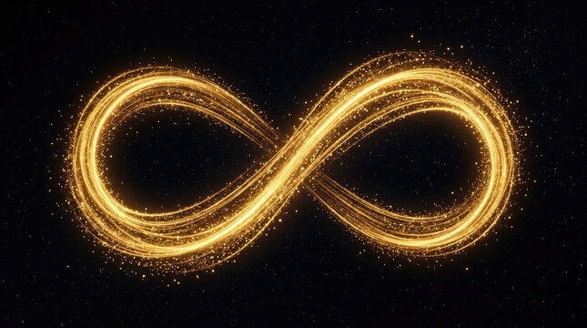 Glowing golden infinity symbol made of sparkling light particles isolated on a solid black background