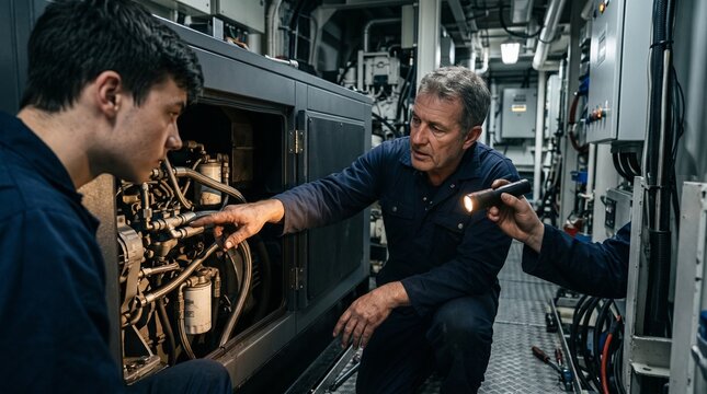 Marine technician explains generator service to an apprentice