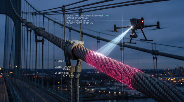 Autonomous drone technology scanning bridge cable for infrastructure maintenance engineering inspection and monitoring.