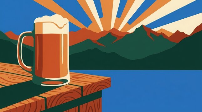 Retro vector illustration of a beer mug on a wooden table with mountains and sunburst background.