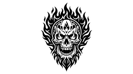 Fototapeta premium Detailed tribal skull illustration with fire and flames.