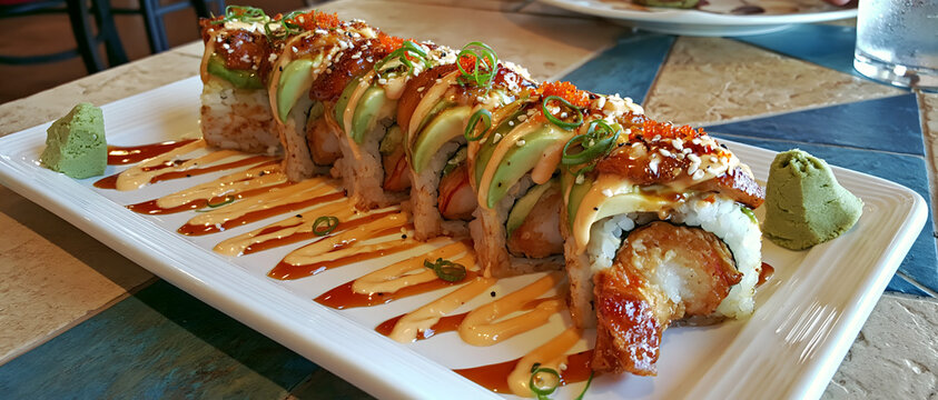 Shrimp tempura roll with avocado and tobiko presented on a white rectangular plate sushi maki japanese cuisine seafood prawn flying fish roe rice