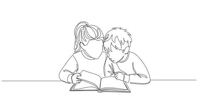 animated continuous line drawing of young girl and boy sitting together at table reading a book, education, friendship, sibling bonding and childhood learning concept, line art animation