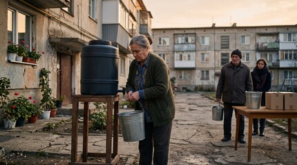 Fototapeta premium Residents collect water in a quake affected neighborhood courtyard