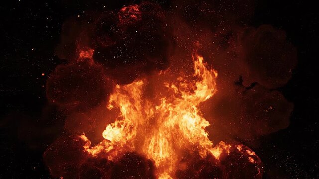 Fiery explosion bloom in darkness with radiating embers and particle effects