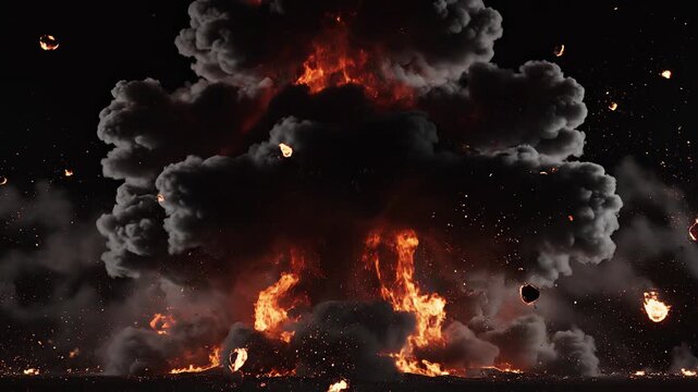 Fiery explosion bloom in darkness with debris scattering outwards cinematic motion