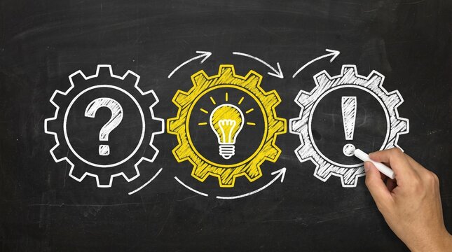 Chalk drawing of gears with question mark light bulb and exclamation mark on blackboard