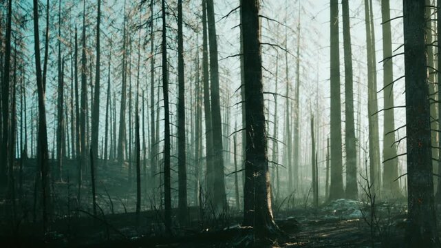 Burned trees are seen in a forest where a fire occurred. Sunlight filters through the charred trunks. The scene shows the aftermath of destruction and the struggle of nature to recover.