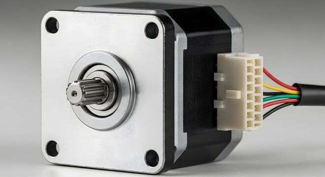 Precision stepper motor with electrical connector and wires against a clean studio background for industrial applications