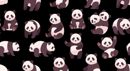 Cute panda bears pattern in various poses on black background © andi