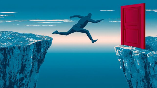 Businessman leaping across a cliff toward the gate of success, overcoming obstacles to reach goals 