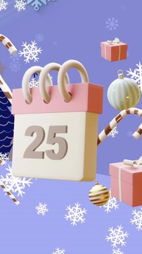 Animation of calendar with 25 of december date and christmas decorations