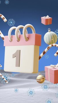 Animation of calendar with 1 number date and christmas decorations