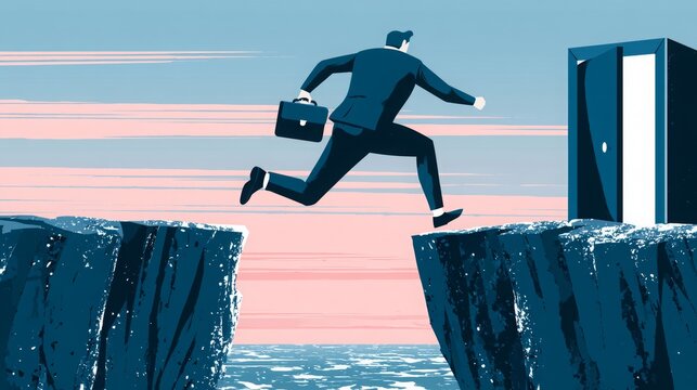 Businessman leaping across a cliff toward the gate of success, overcoming obstacles to reach goals 