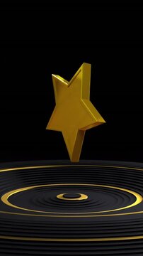 Animation of golden star over moving circular surface with black background