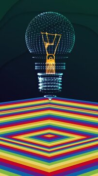 Animation of bulb over moving coloured square surface with dark background