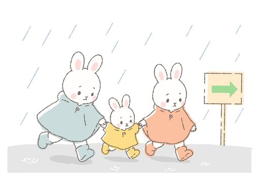 大雨から避難するウサギの家族
