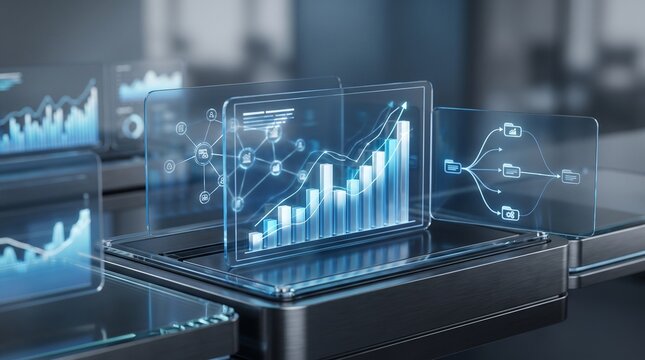 Futuristic digital data dashboard with holographic financial growth charts and analytical diagrams