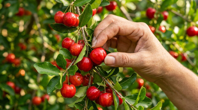 Hand picking ripe red cherries from a tree branch with green leaves, close up