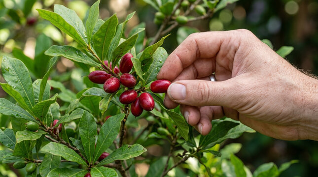 Hand picking ripe red miracle fruit from lush green tree branch outdoors