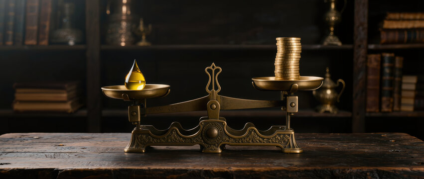Gold coin stack oil droplet balance economics antique scale in dim study evoking value and trade