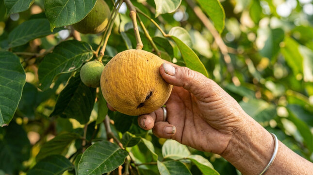 Hand picking ripe santol fruit from tree, tropical harvest, healthy organic food