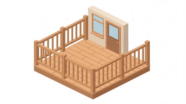 Wooden balcony platform with vertical railings, wooden floor planks, an exterior wall containing a glass door and a rectangular window displayed as a detailed architectural 3D isometric vector model.