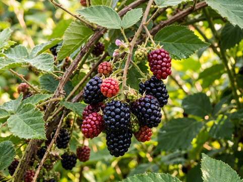 Fresh ripe blackberries hanging on a branch in the garden