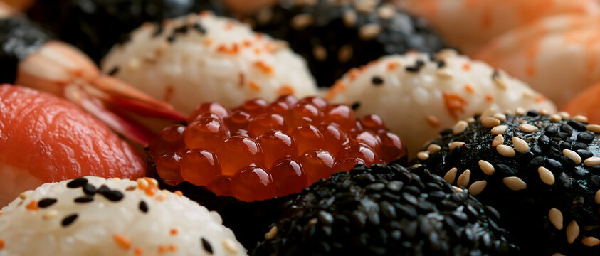 Assorted sushi rolls with salmon tobiko and sesame seeds close up food photography sashimi maki nigiri japanese cuisine asian raw fish rice seaweed